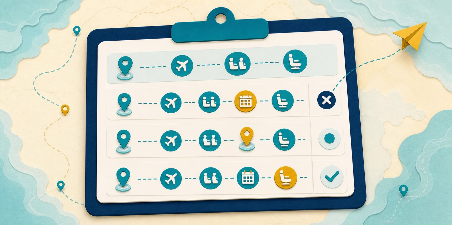 Paper-cut award-search log recording several flight results and marking options for rejection, review, or a shortlist.