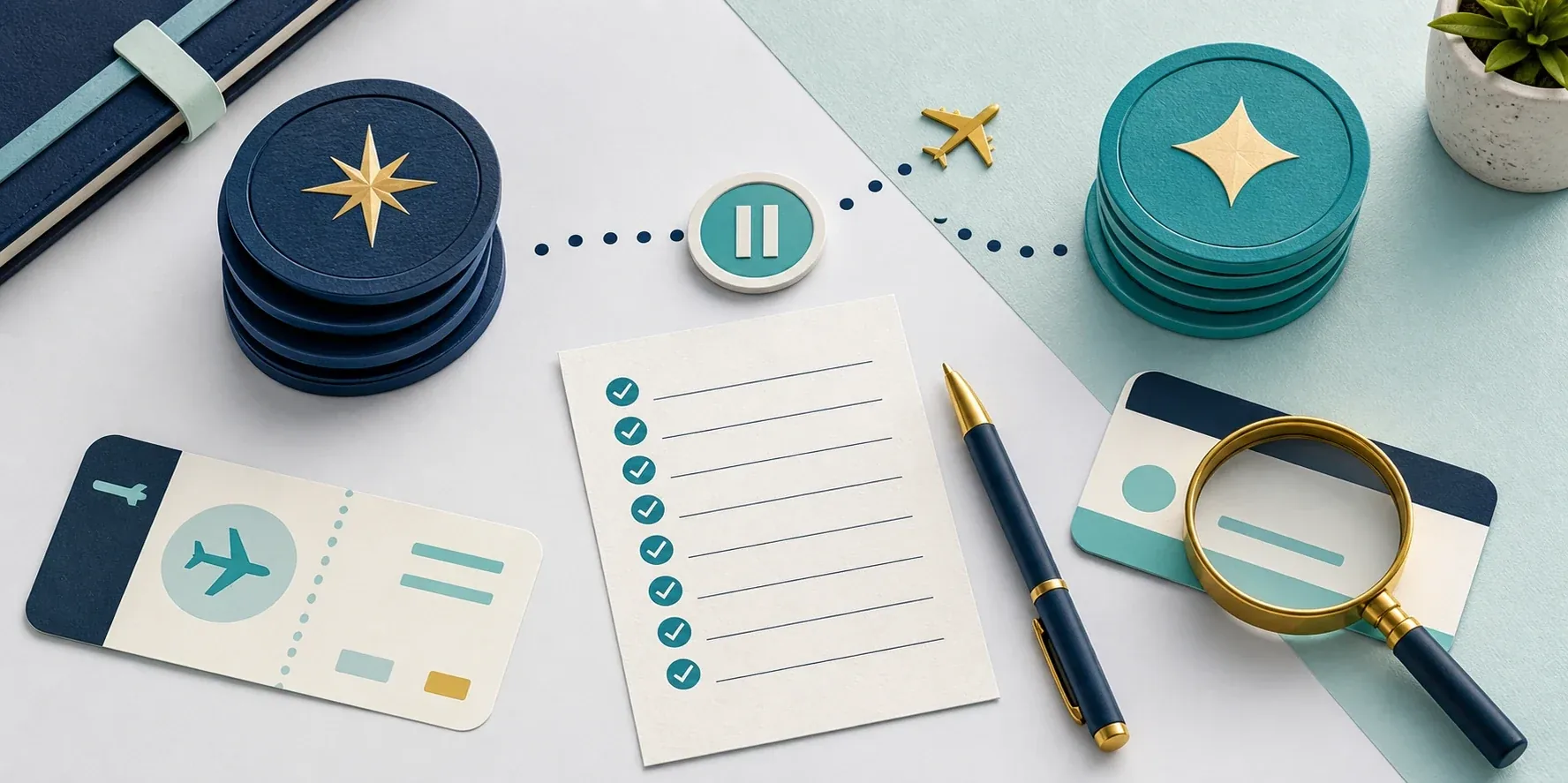 Illustrated points-transfer checkpoint with linked reward tokens, an eight-step checklist, a magnifying glass, and an award ticket.