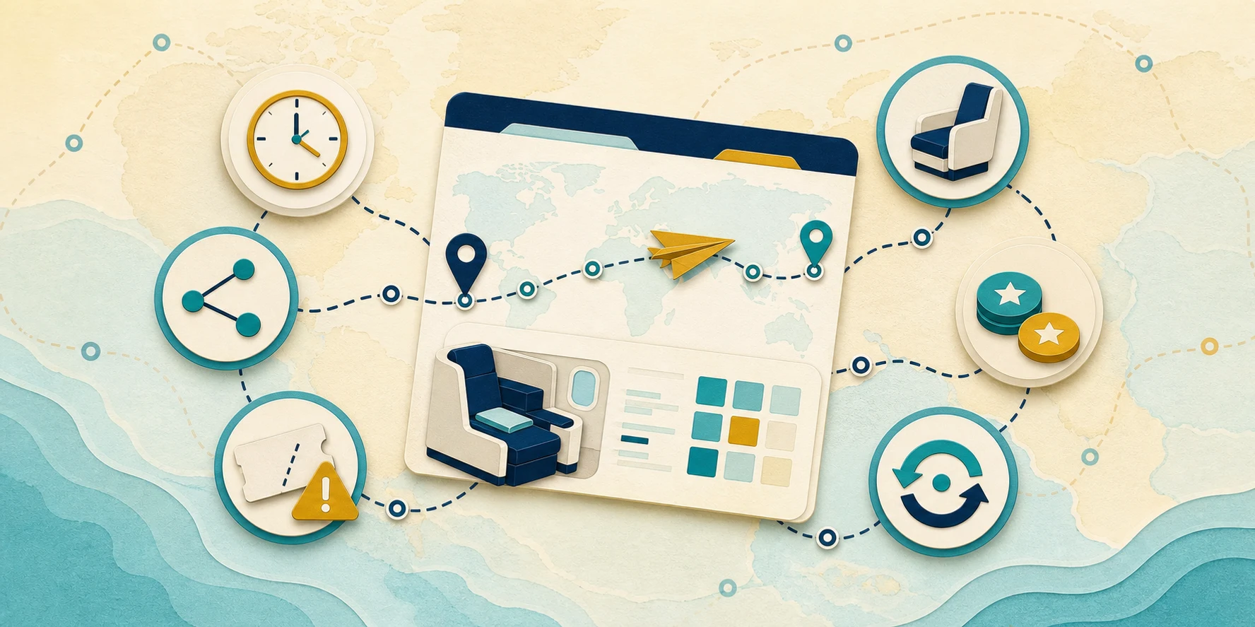 Illustrated business-class itinerary scorecard comparing schedule, connections, positioning risk, cabin, complete cost, and cancellation options.