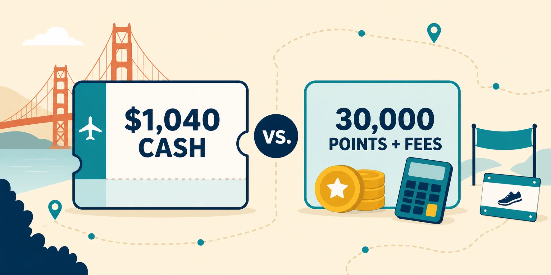 Illustrated comparison of a $1,040 cash flight and a 30,000-point award plus fees, with a calculator, Golden Gate Bridge, and running bib.