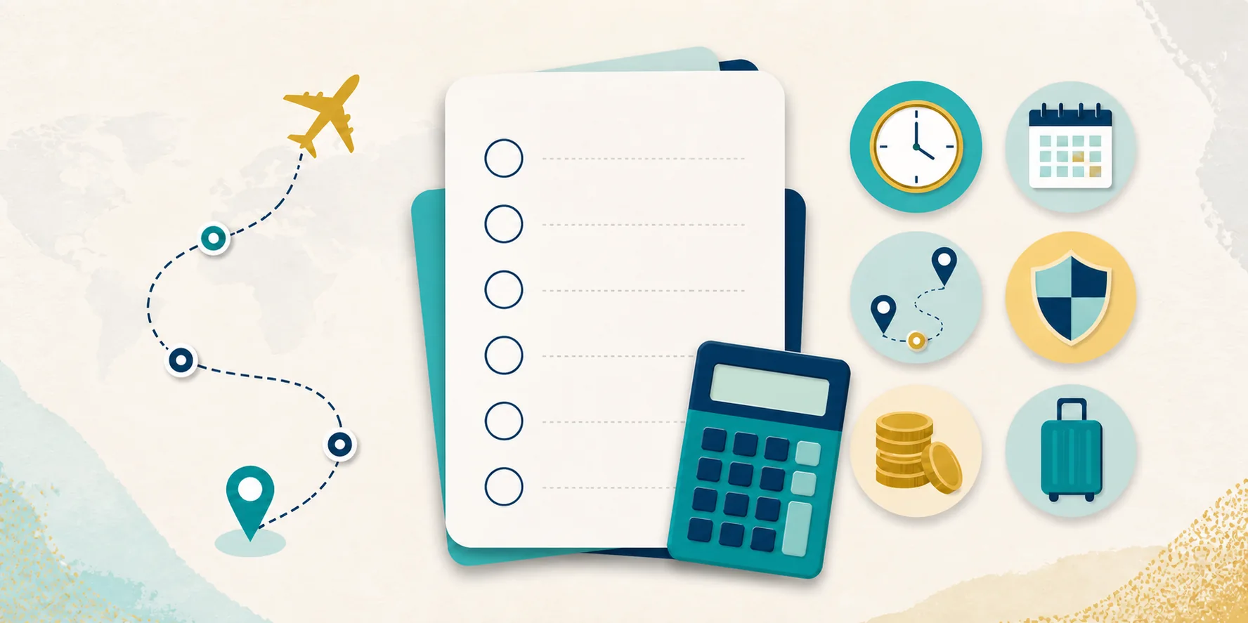 Illustrated six-question redemption scorecard with a calculator and symbols for schedule, routing, risk, cost, and luggage.