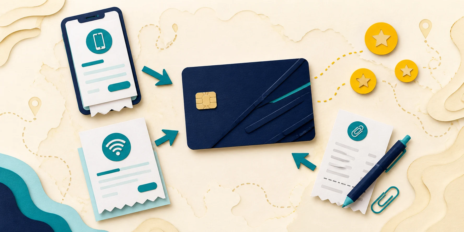 Illustrated business expenses for phone, internet, and office supplies grouped beside a generic rewards card.
