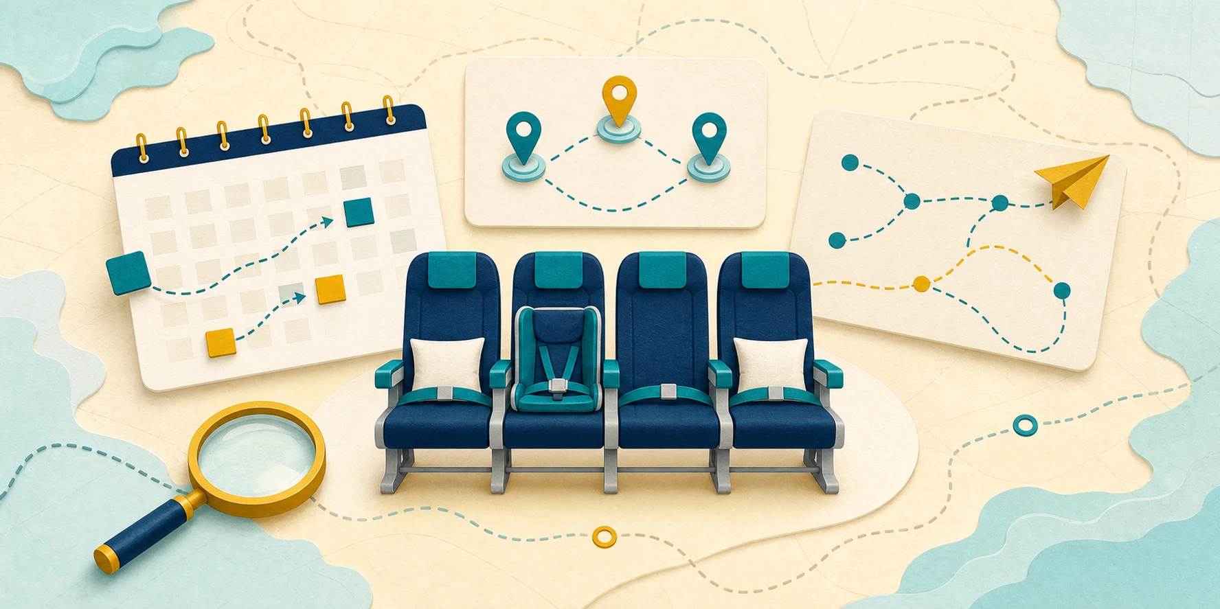 Illustrated family award search with four seats, flexible calendar markers, alternate airports, route lines, and a magnifying glass.