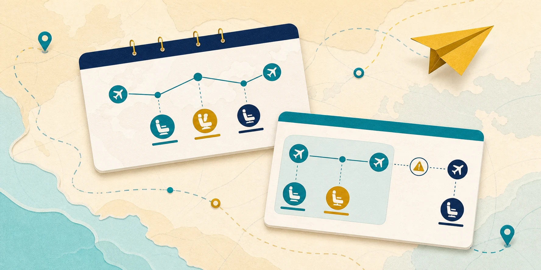 Illustrated award itinerary showing mixed cabin segments and a separate positioning flight with connection-risk checks.