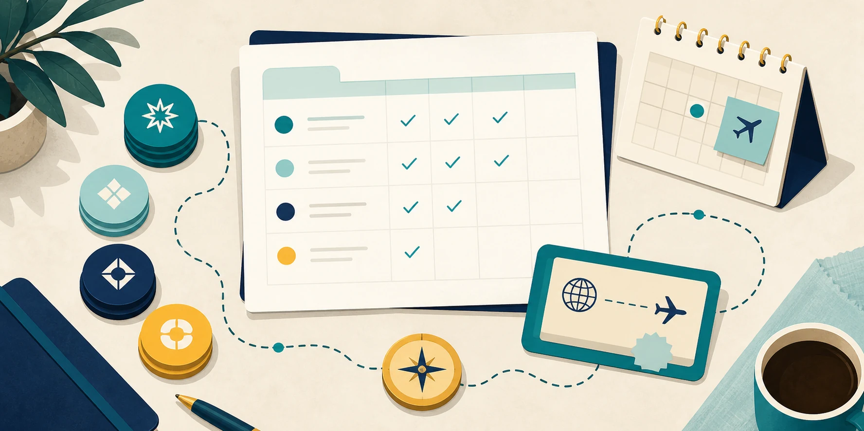 Illustrated points inventory worksheet with checkmarks, grouped point tokens, a calendar, and a travel certificate.