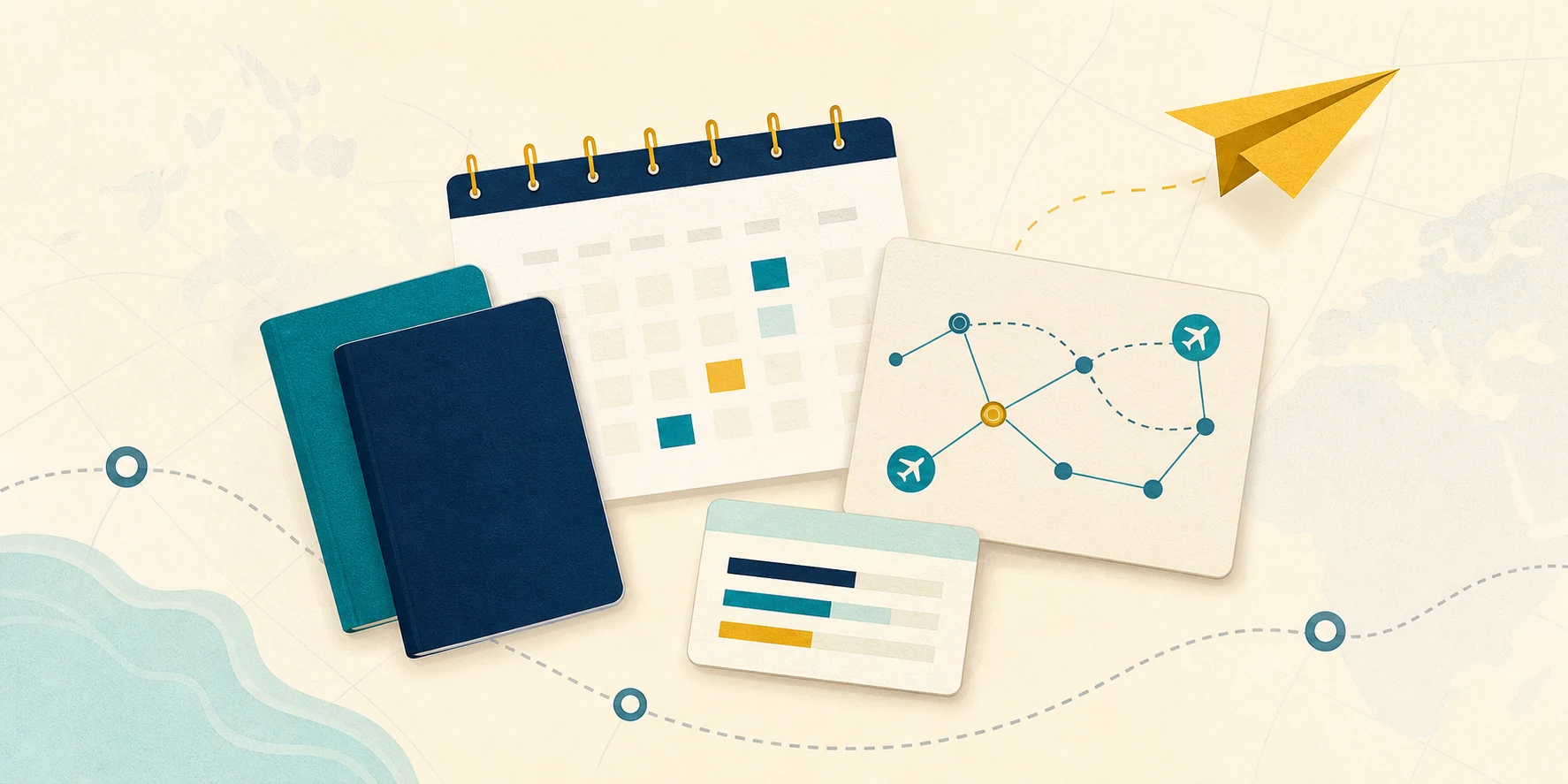 Illustrated award-flight planning workspace with a calendar, route map, points ledger, and passport-shaped booklets.