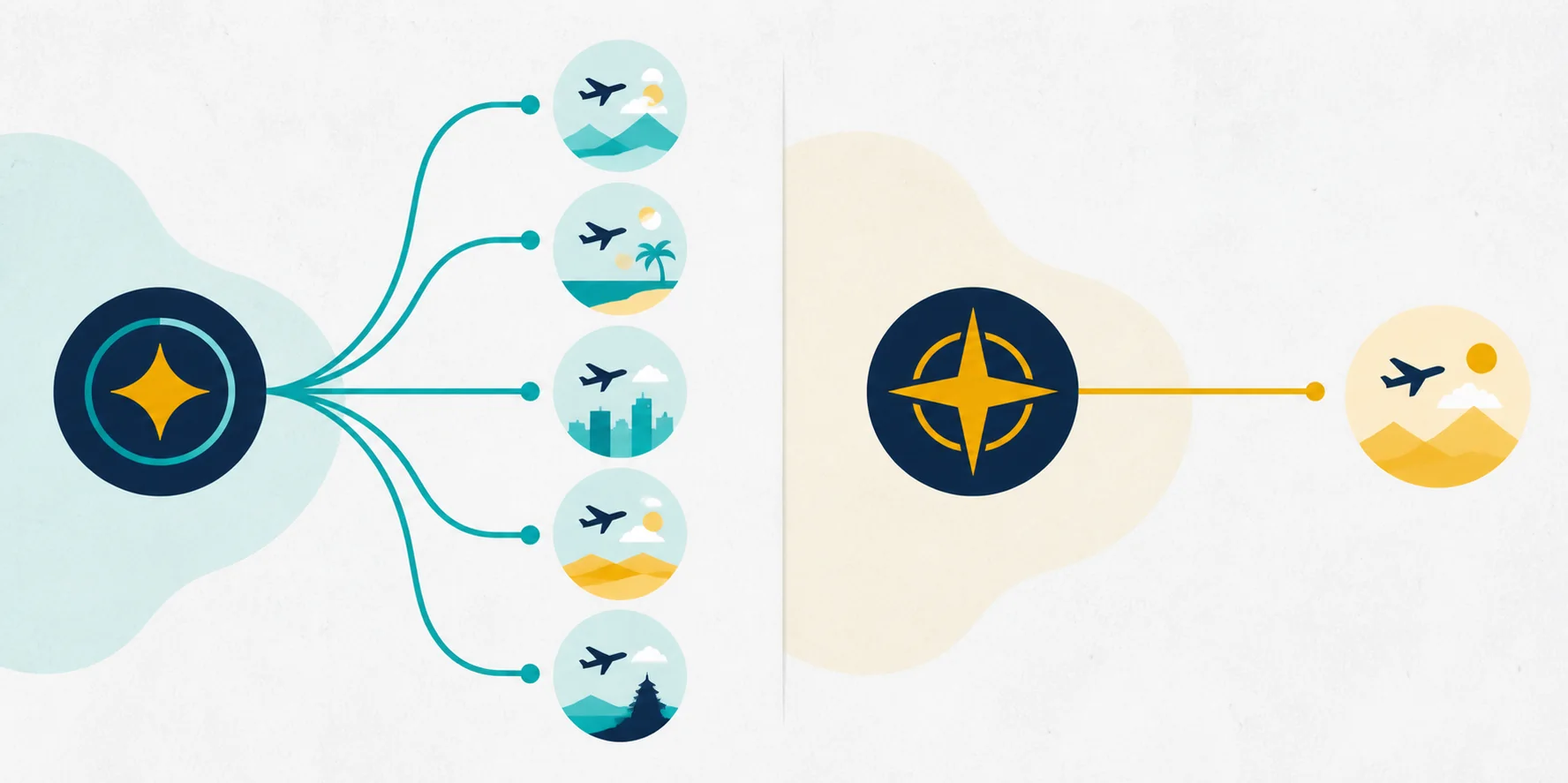 Illustration comparing flexible points that branch toward several airline programs with airline miles following one loyalty-program path.