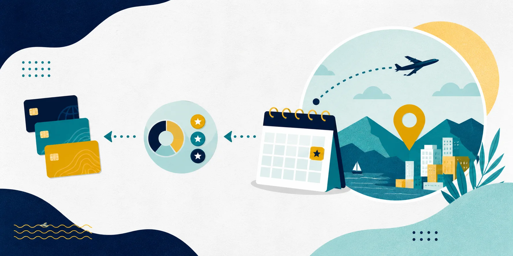 Illustrated travel goal with a calendar and destination guiding a simple points inventory and card setup.
