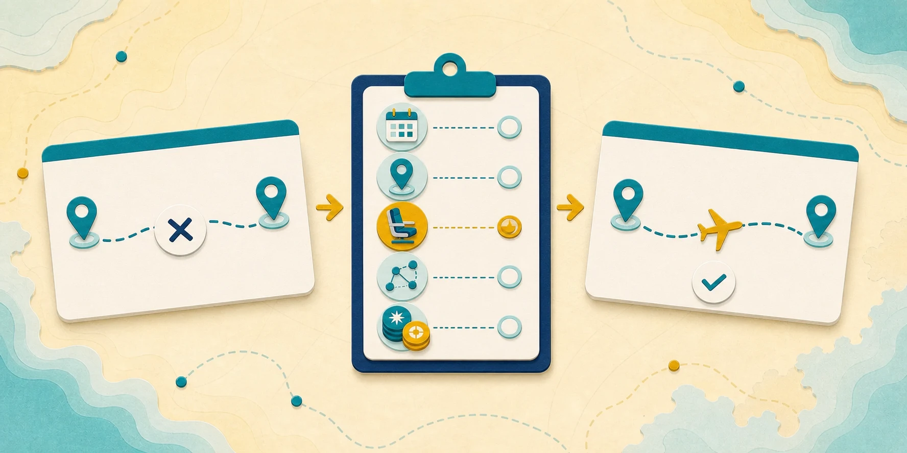 Paper-cut illustration showing a blocked award route, one highlighted search variable, and a workable alternative itinerary.